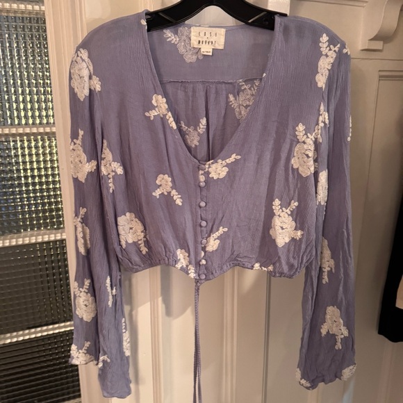 Lost + Wander Iris Crop Top Button Down White Floral Embroidery Bell Sleeves| M - Picture 9 of 9